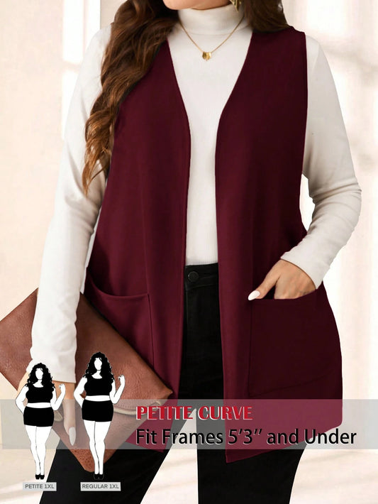 PETITE CURVE Plus Size Solid Color Sleeveless Loose Pocket Simple Casual Coat,Spring/Summer,Vacation In Fall/Winter