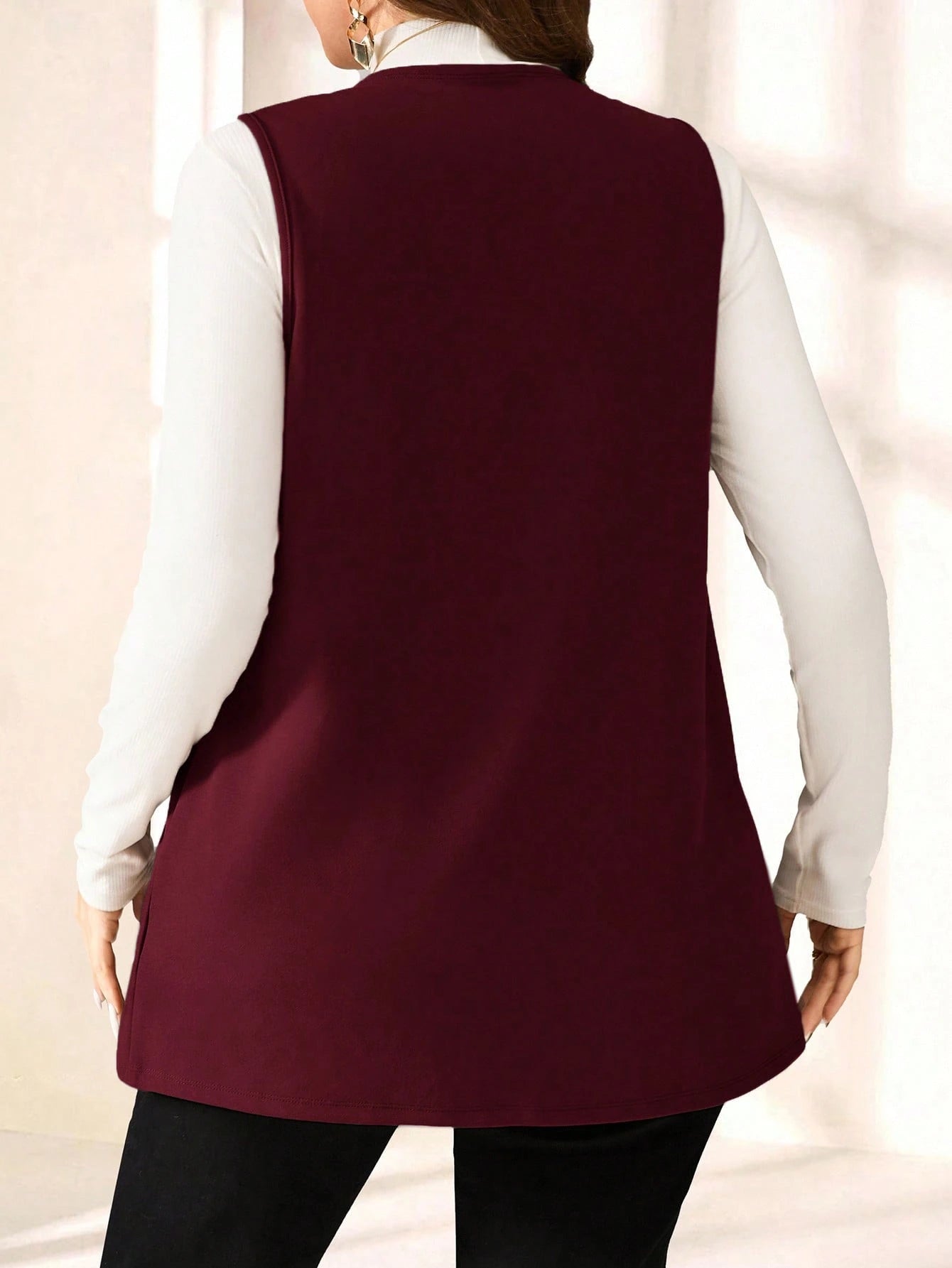 PETITE CURVE Plus Size Solid Color Sleeveless Loose Pocket Simple Casual Coat,Spring/Summer,Vacation In Fall/Winter
