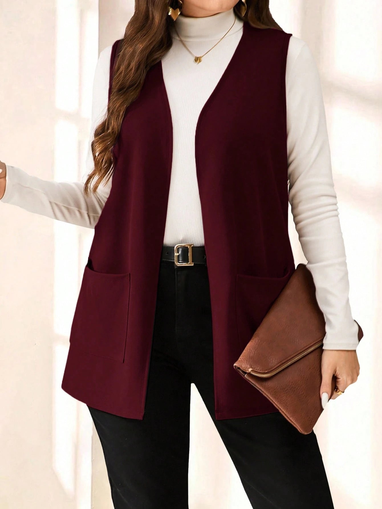 PETITE CURVE Plus Size Solid Color Sleeveless Loose Pocket Simple Casual Coat,Spring/Summer,Vacation In Fall/Winter