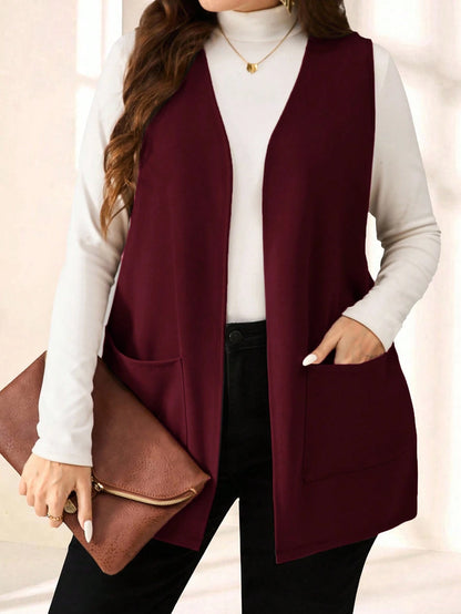PETITE CURVE Plus Size Solid Color Sleeveless Loose Pocket Simple Casual Coat,Spring/Summer,Vacation In Fall/Winter