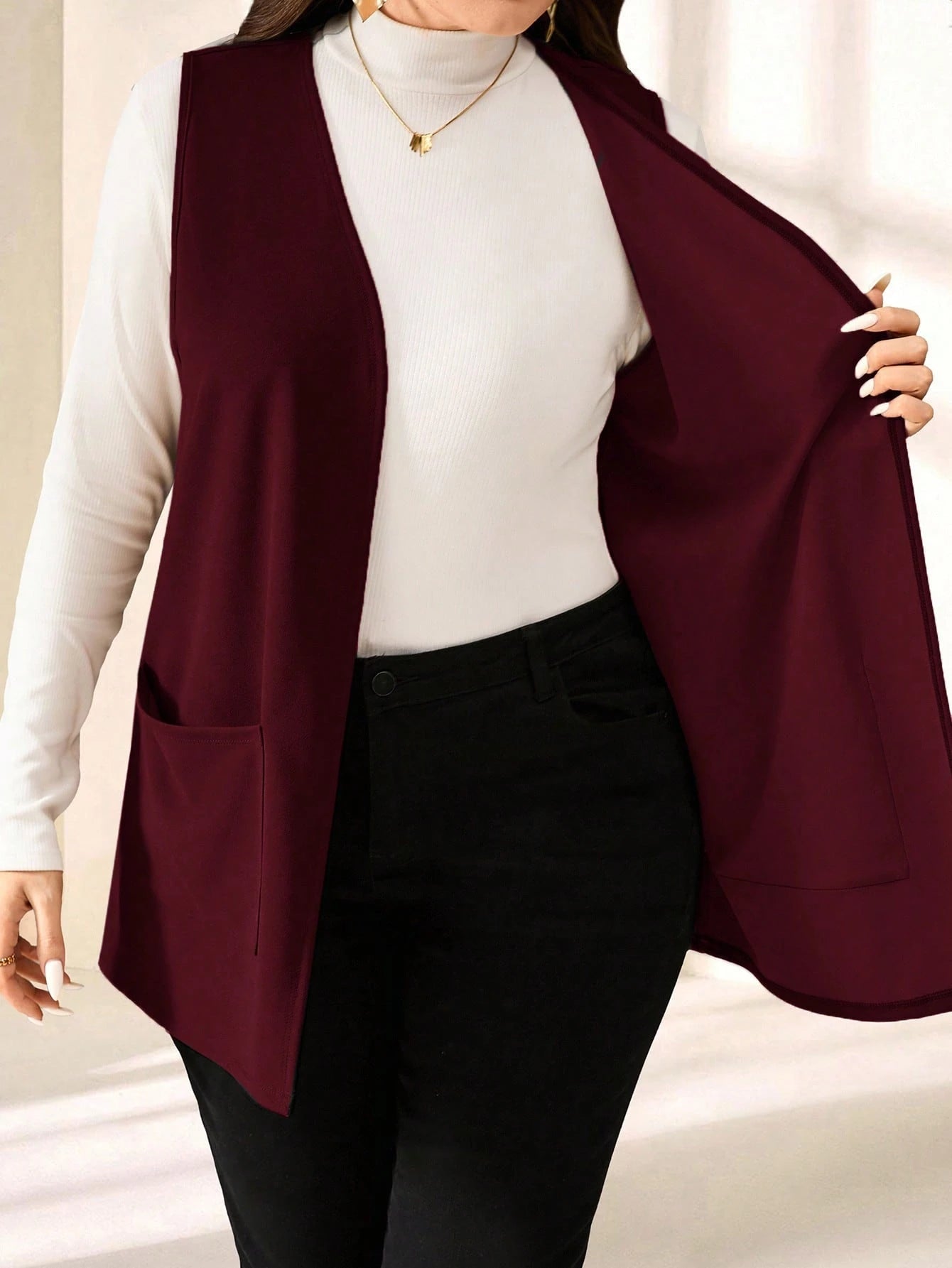 PETITE CURVE Plus Size Solid Color Sleeveless Loose Pocket Simple Casual Coat,Spring/Summer,Vacation In Fall/Winter