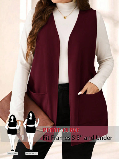 PETITE CURVE Plus Size Solid Color Sleeveless Loose Pocket Simple Casual Coat,Spring/Summer,Vacation In Fall/Winter