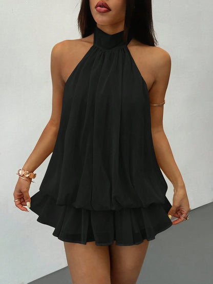 PETITE Elegant Sleeveless Tie-Neck Mini Dress In Pale Yellow, Suitable For Party, Date, Autumn/Winter And Spring/Summer,Black Dress For Women,Petite Women