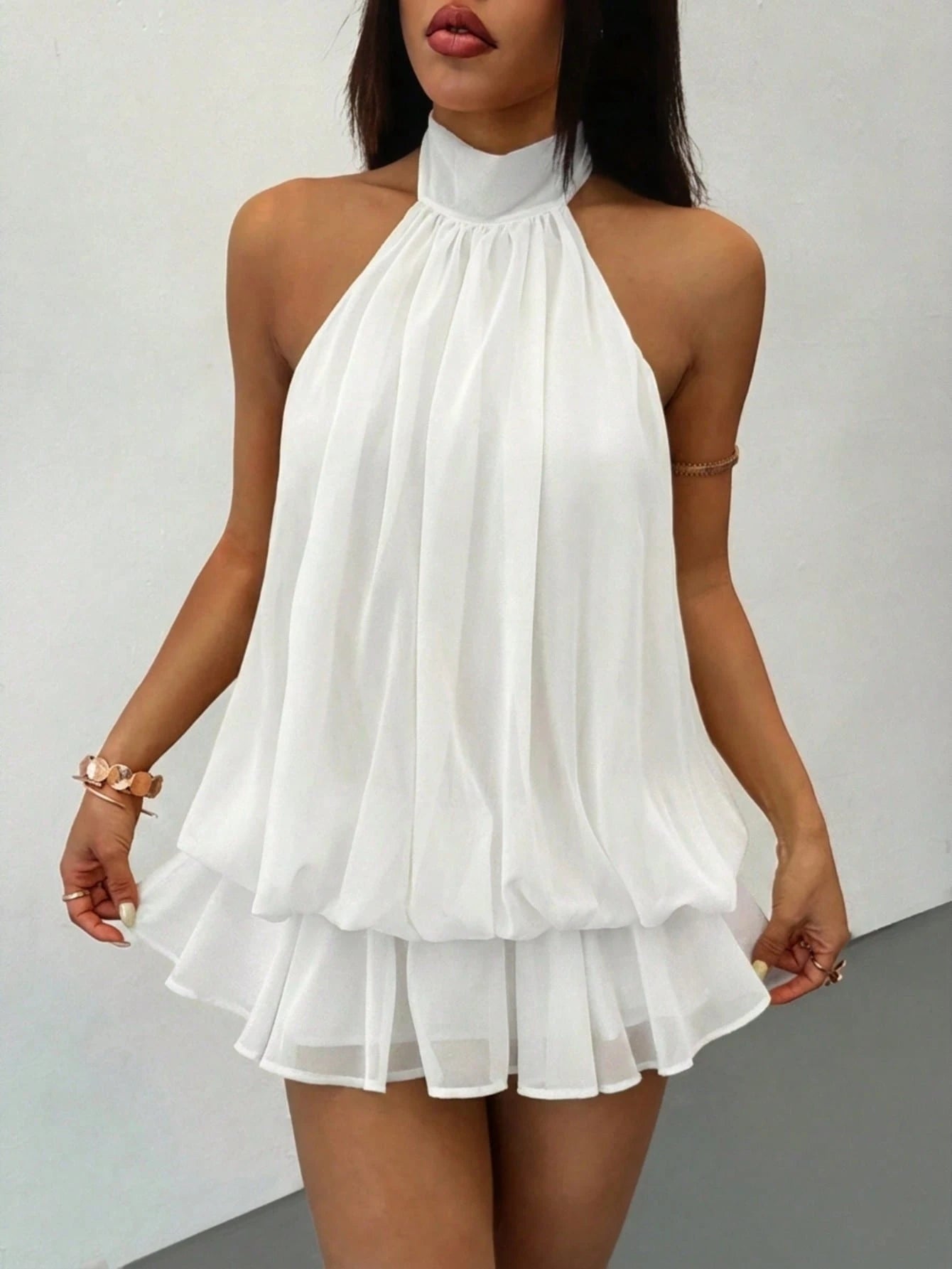 PETITE Elegant Sleeveless Tie-Neck Mini Dress In Pale Yellow, Suitable For Party, Date, Autumn/Winter And Spring/Summer,Summer Dresses For Women,Petite Women