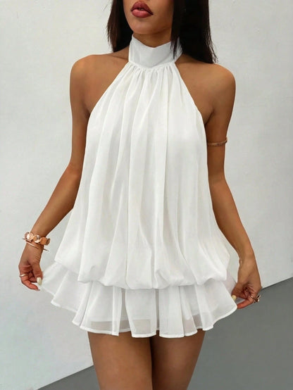 PETITE Elegant Sleeveless Tie-Neck Mini Dress In Pale Yellow, Suitable For Party, Date, Autumn/Winter And Spring/Summer,Summer Dresses For Women,Petite Women