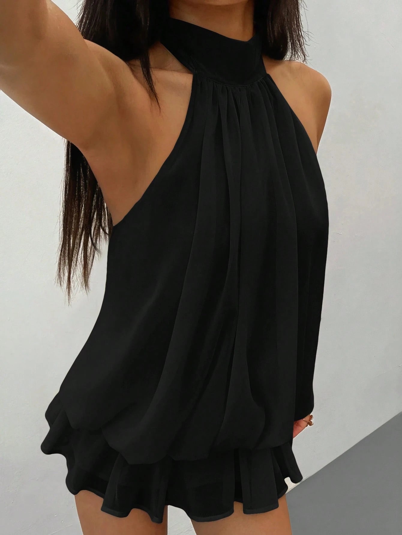 PETITE Elegant Sleeveless Tie-Neck Mini Dress In Pale Yellow, Suitable For Party, Date, Autumn/Winter And Spring/Summer,Black Dress For Women,Petite Women