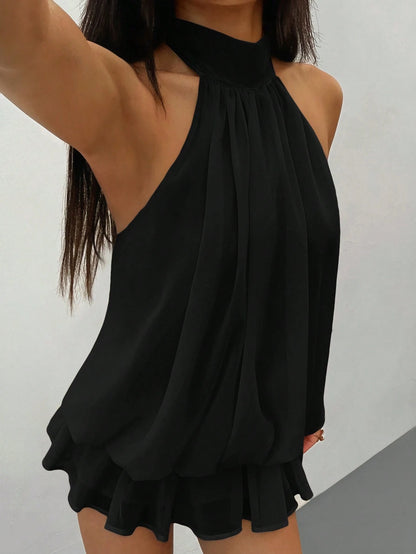 PETITE Elegant Sleeveless Tie-Neck Mini Dress In Pale Yellow, Suitable For Party, Date, Autumn/Winter And Spring/Summer,Black Dress For Women,Petite Women