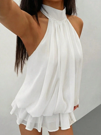 PETITE Elegant Sleeveless Tie-Neck Mini Dress In Pale Yellow, Suitable For Party, Date, Autumn/Winter And Spring/Summer,Summer Dresses For Women,Petite Women