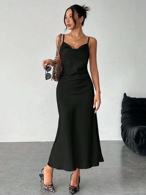 PETITE Solid Color Swing Collar Long Satin Satin Suspender Dress Suitable For Dates,Petite Women