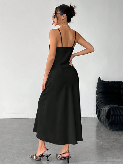 PETITE Solid Color Swing Collar Long Satin Satin Suspender Dress Suitable For Dates,Petite Women