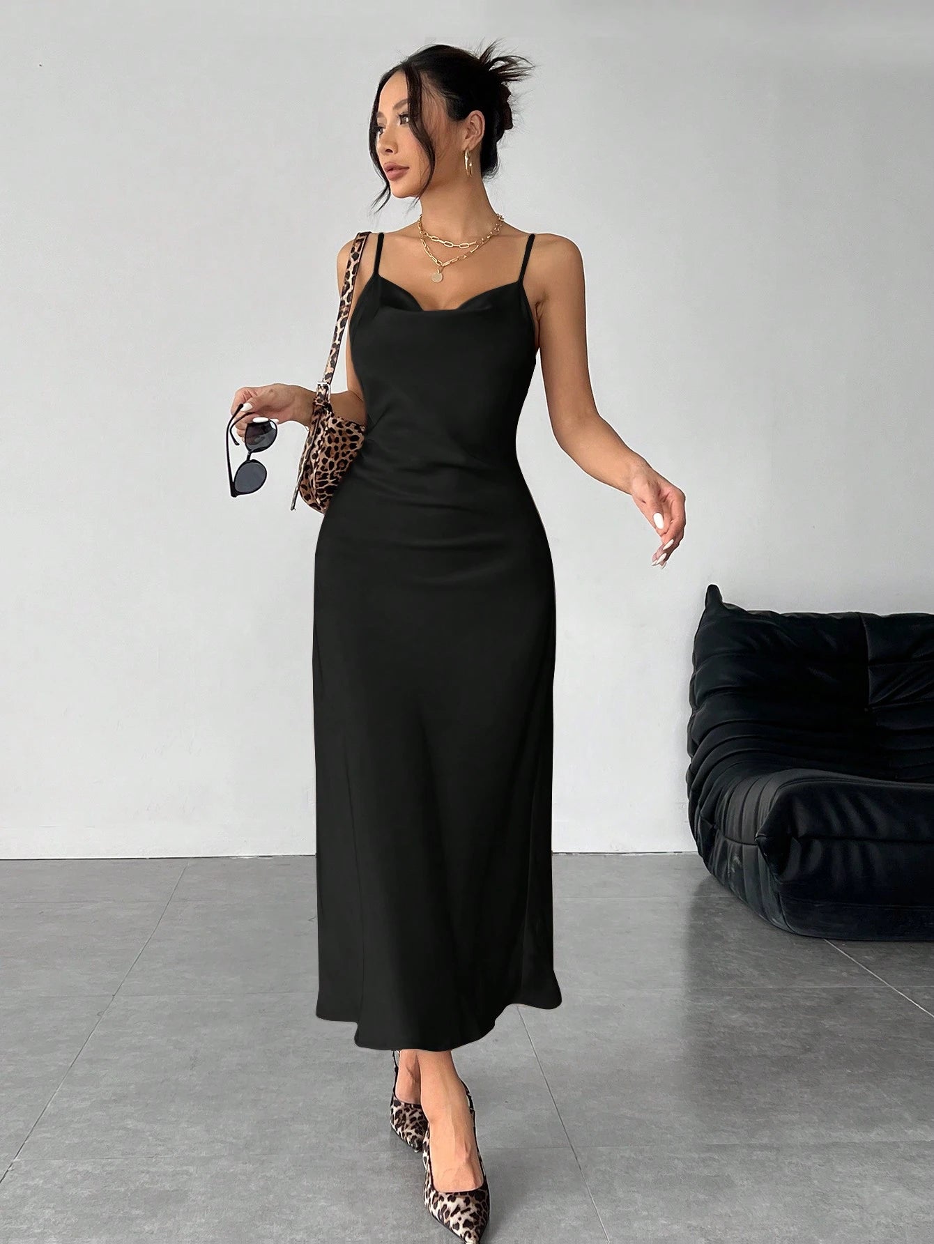 PETITE Solid Color Swing Collar Long Satin Satin Suspender Dress Suitable For Dates,Petite Women