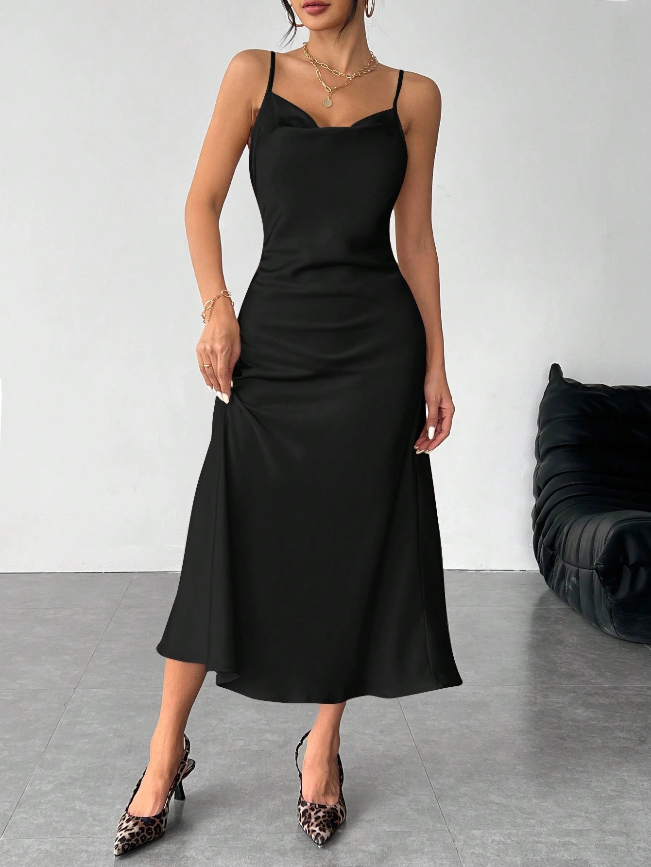 PETITE Solid Color Swing Collar Long Satin Satin Suspender Dress Suitable For Dates,Petite Women