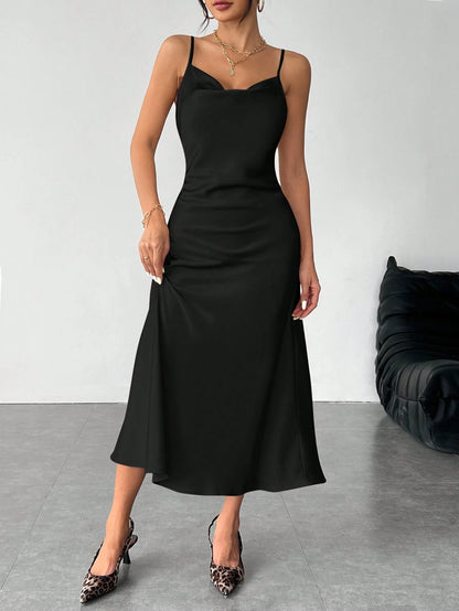 PETITE Solid Color Swing Collar Long Satin Satin Suspender Dress Suitable For Dates,Petite Women