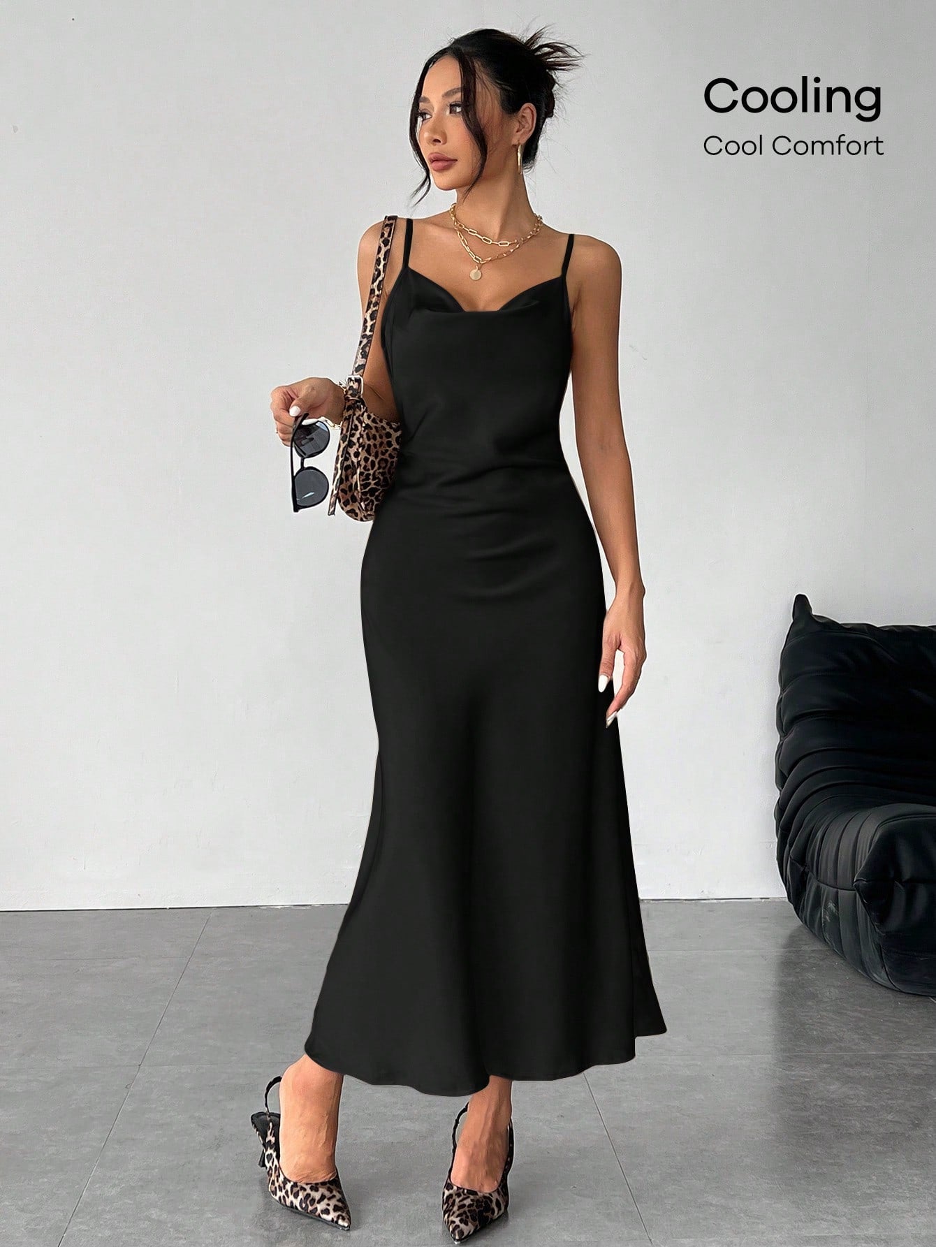 PETITE Solid Color Swing Collar Long Satin Satin Suspender Dress Suitable For Dates,Petite Women