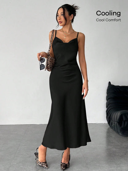 PETITE Solid Color Swing Collar Long Satin Satin Suspender Dress Suitable For Dates,Petite Women
