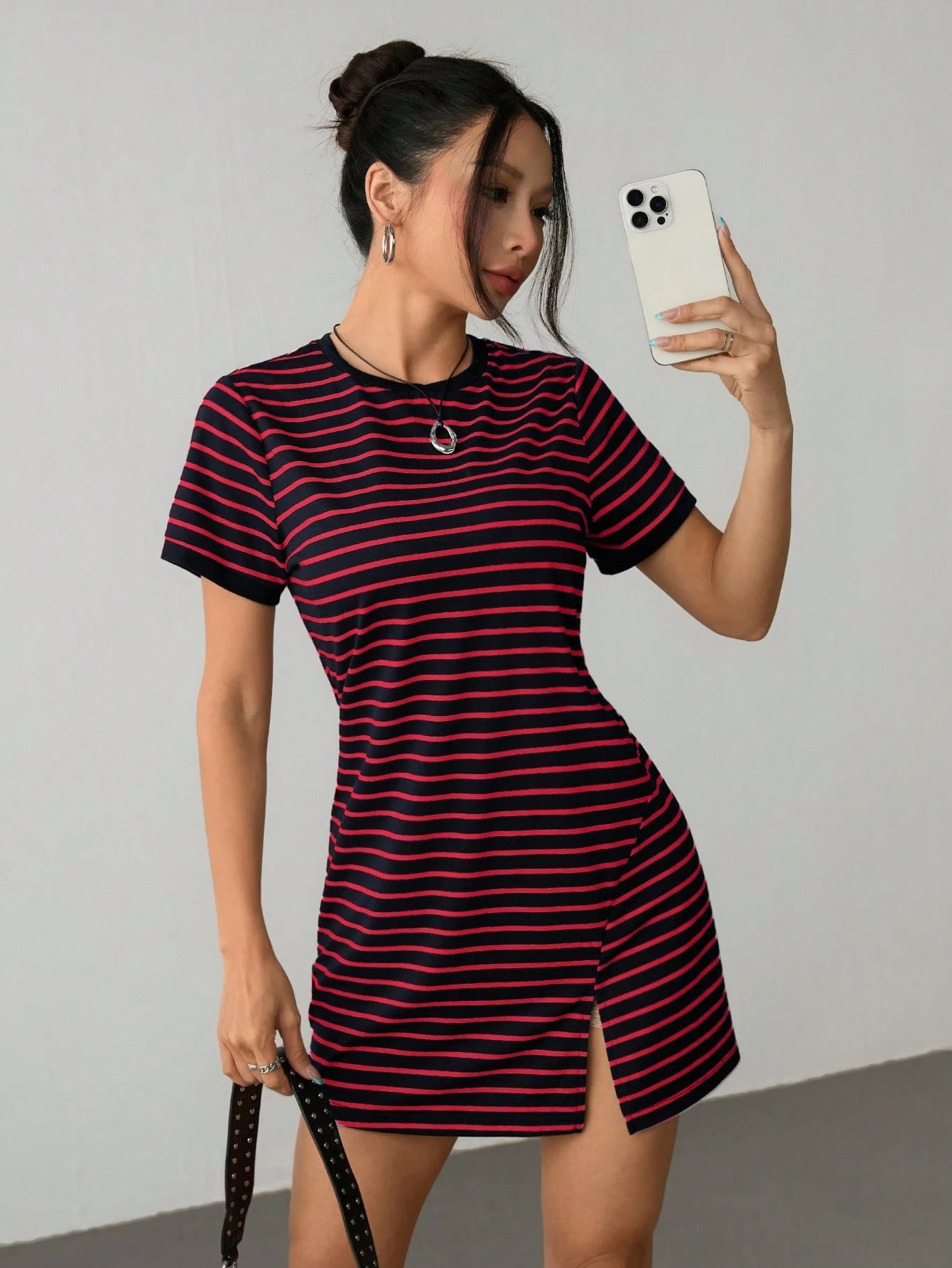 PETITE Striped Print Color Block Trim Slit T-Shirt Dress,Summer Dresses For Women,Petite Women