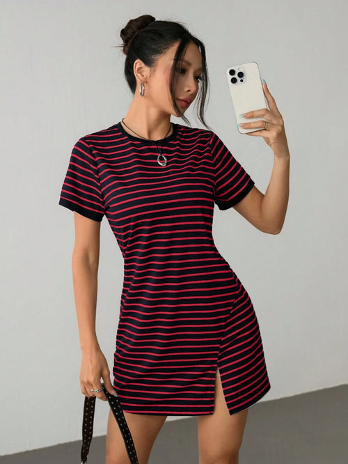 PETITE Striped Print Color Block Trim Slit T-Shirt Dress,Summer Dresses For Women,Petite Women