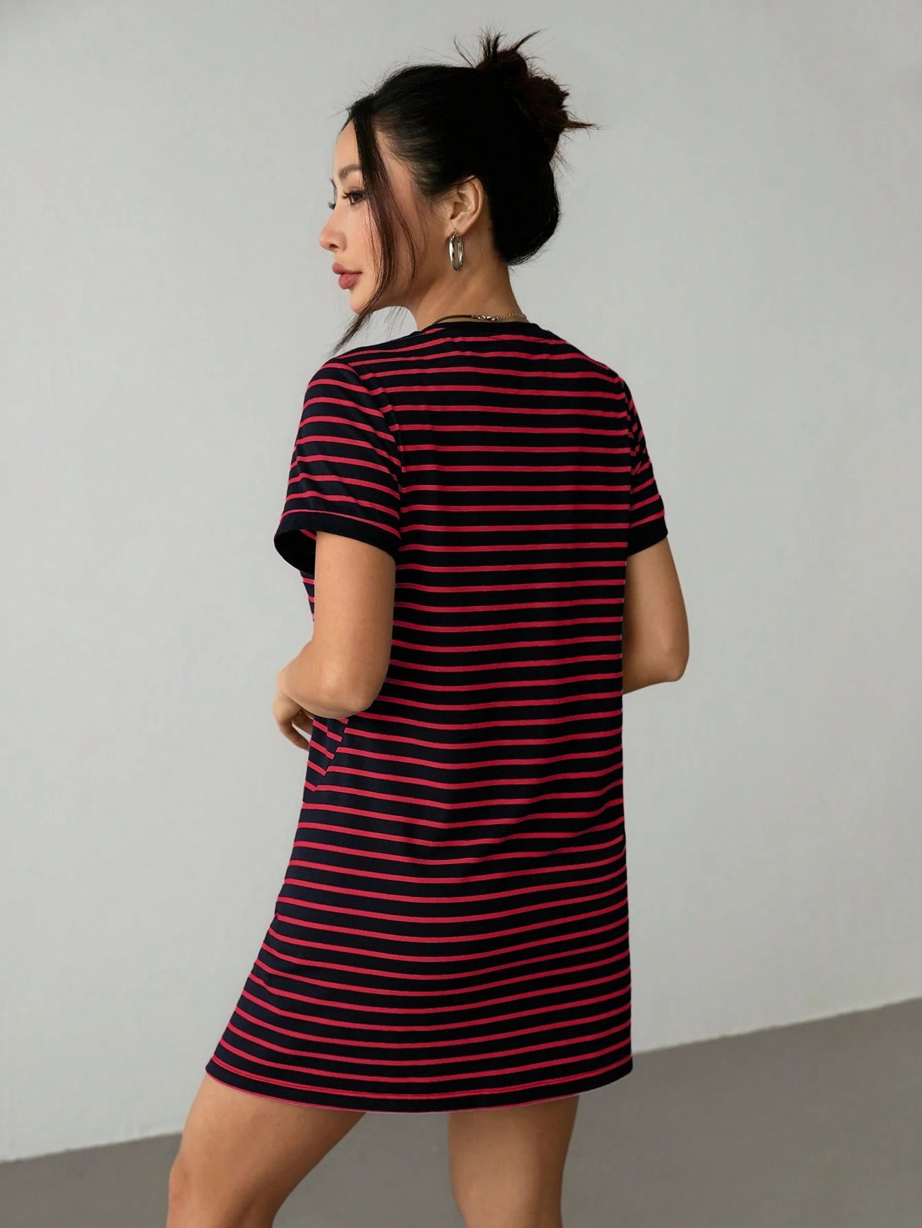 PETITE Striped Print Color Block Trim Slit T-Shirt Dress,Summer Dresses For Women,Petite Women