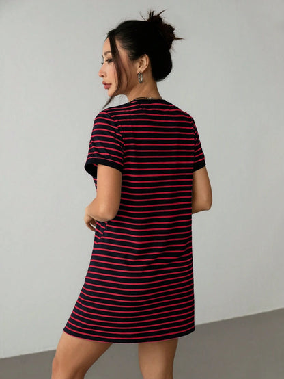 PETITE Striped Print Color Block Trim Slit T-Shirt Dress,Summer Dresses For Women,Petite Women
