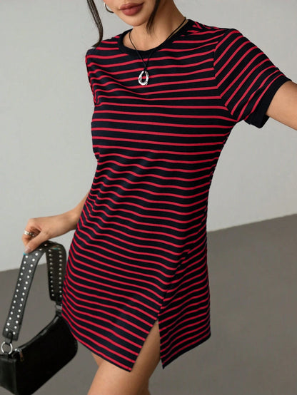 PETITE Striped Print Color Block Trim Slit T-Shirt Dress,Summer Dresses For Women,Petite Women