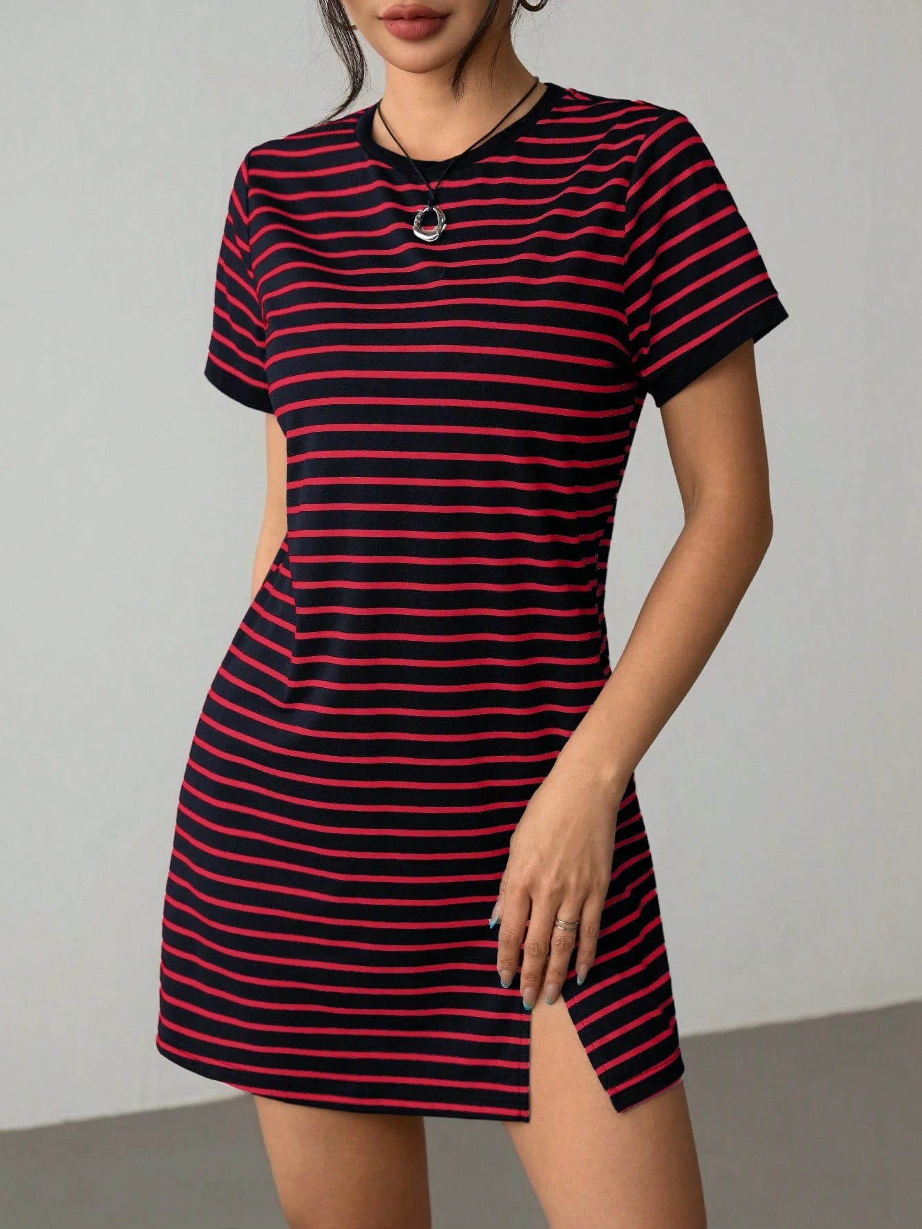 PETITE Striped Print Color Block Trim Slit T-Shirt Dress,Summer Dresses For Women,Petite Women