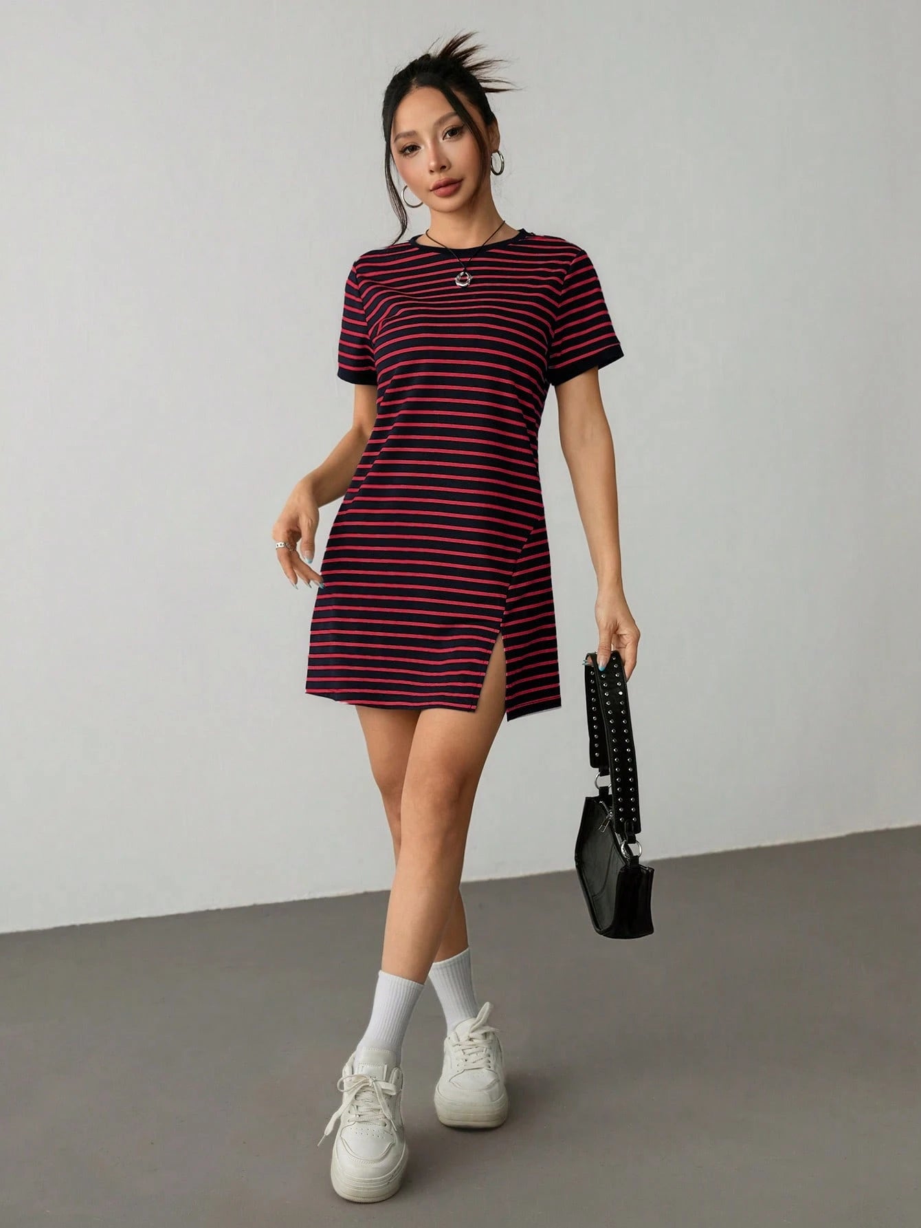 PETITE Striped Print Color Block Trim Slit T-Shirt Dress,Summer Dresses For Women,Petite Women
