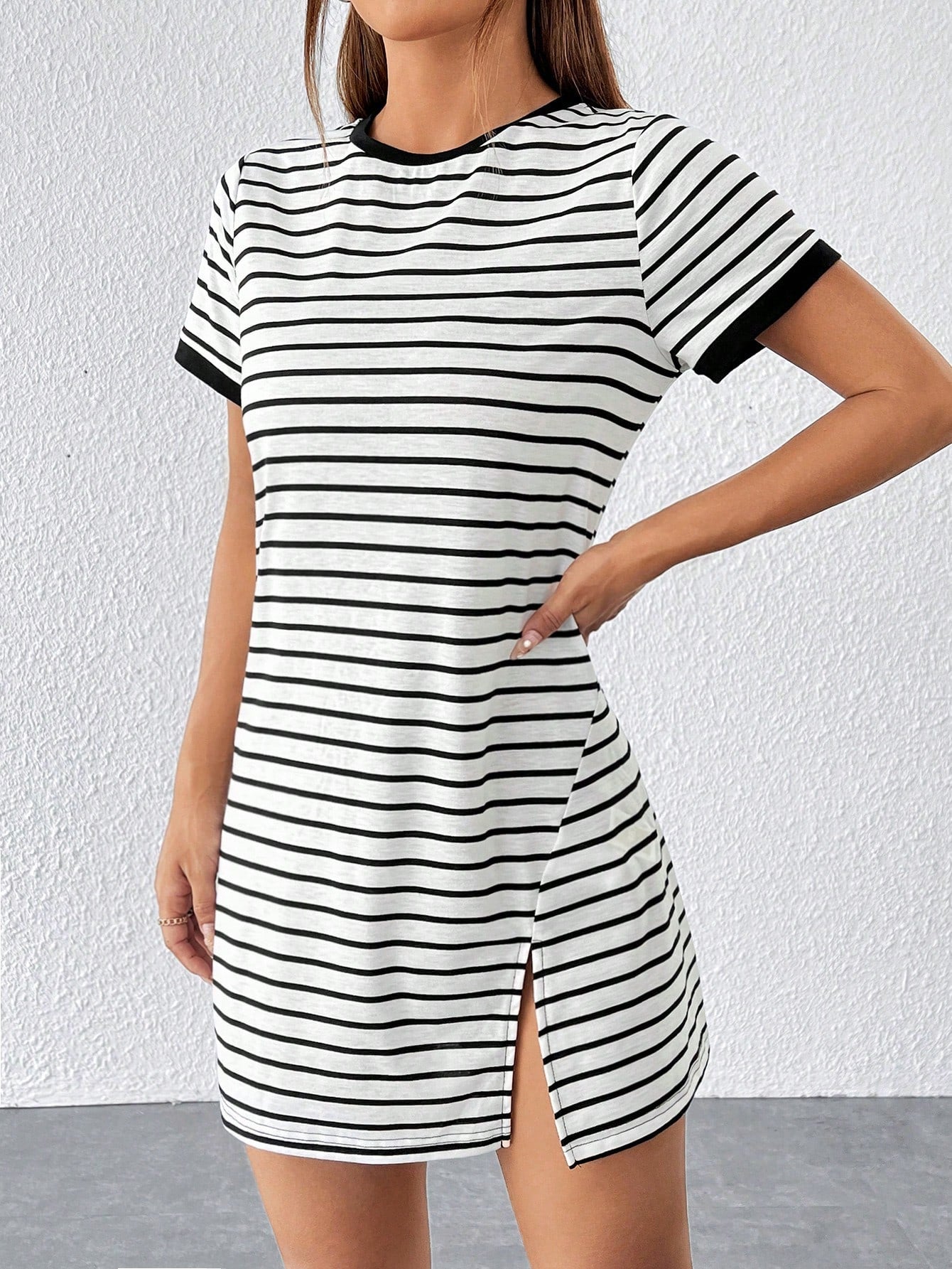 PETITE Striped Print Color Block Trim Slit T-Shirt Dress,Summer Dresses For Women,Petite Women