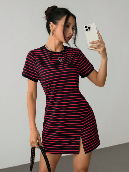 PETITE Striped Print Color Block Trim Slit T-Shirt Dress,Summer Dresses For Women,Petite Women
