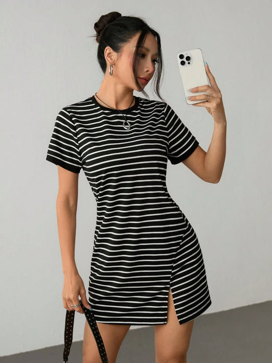 PETITE Striped Print Colorblock Trim Summer Short Sleeve Dress,Rave Outfits Festival,Summer Dresses For Women,Petite Women