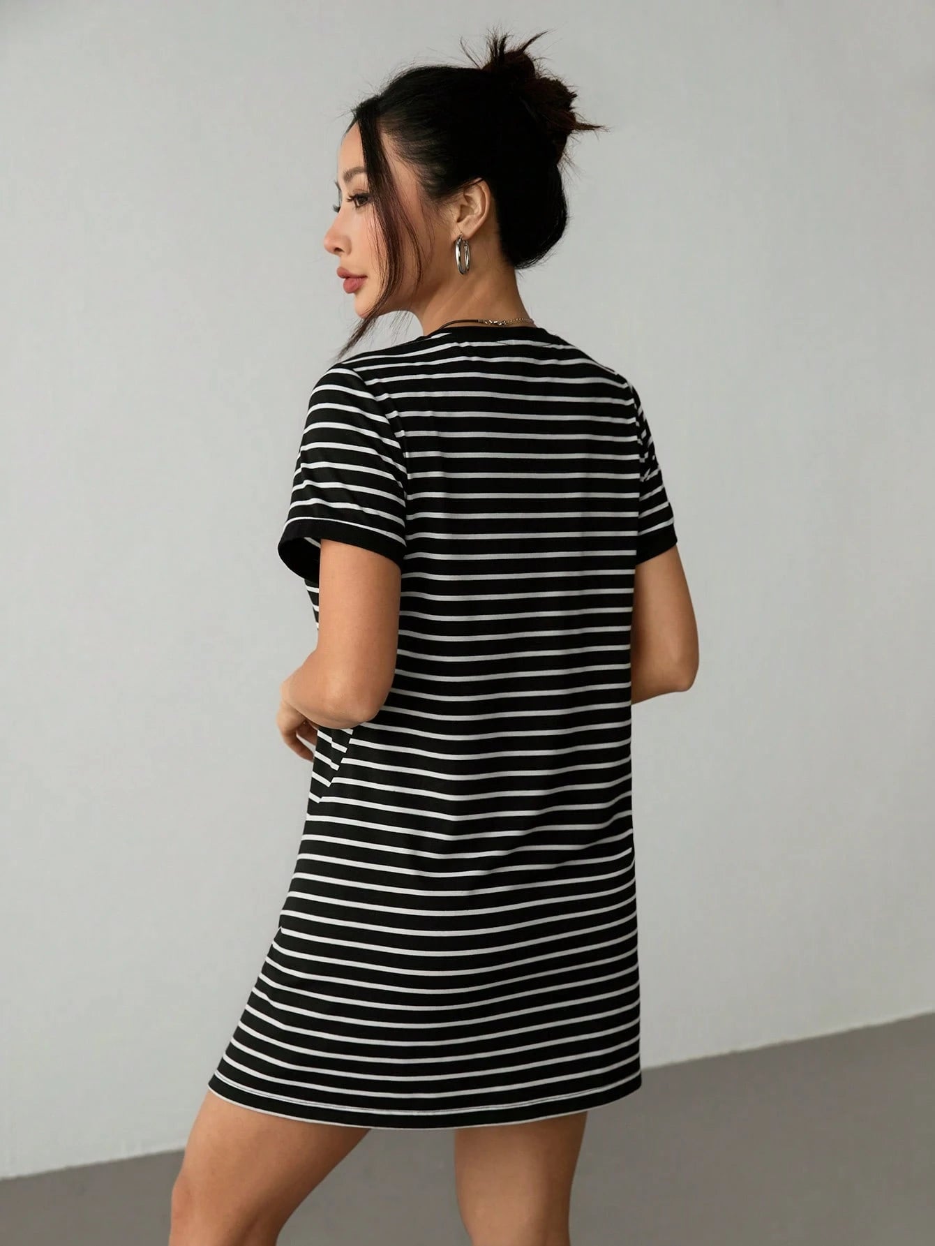 PETITE Striped Print Colorblock Trim Summer Short Sleeve Dress,Rave Outfits Festival,Summer Dresses For Women,Petite Women