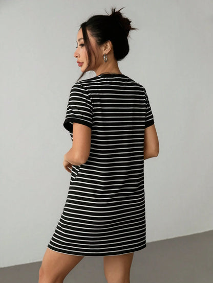 PETITE Striped Print Colorblock Trim Summer Short Sleeve Dress,Rave Outfits Festival,Summer Dresses For Women,Petite Women