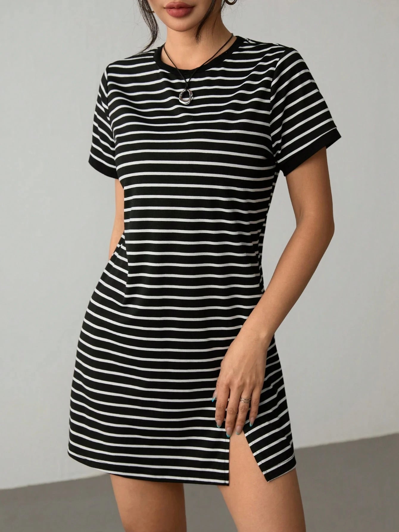 PETITE Striped Print Colorblock Trim Summer Short Sleeve Dress,Rave Outfits Festival,Summer Dresses For Women,Petite Women