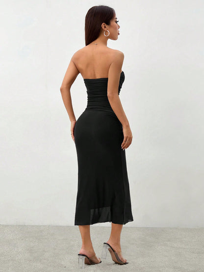 PETITE Style Gradient Mesh Strapless Bodycon Dress,Petite Women