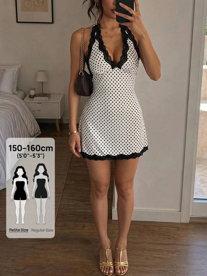 PETITE Summer Sexy Polka Dot Print Lace Patchwork Backless Halter Mini Dress Night Out White And Black Polka Dot