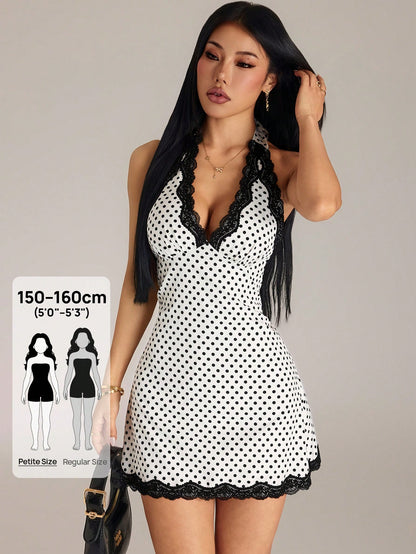 PETITE Summer Sexy Polka Dot Print Lace Patchwork Backless Halter Mini Dress Night Out White And Black Polka Dot