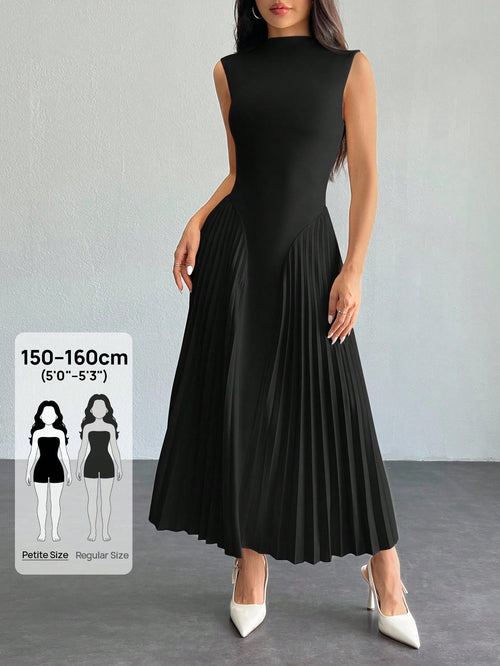 PETITE Women Elegant Pleated Tight-Fitting A-Line Dress Black,Petite Women