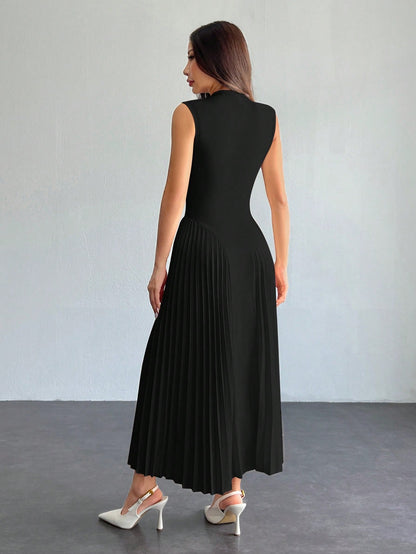 PETITE Women Elegant Pleated Tight-Fitting A-Line Dress Black,Petite Women