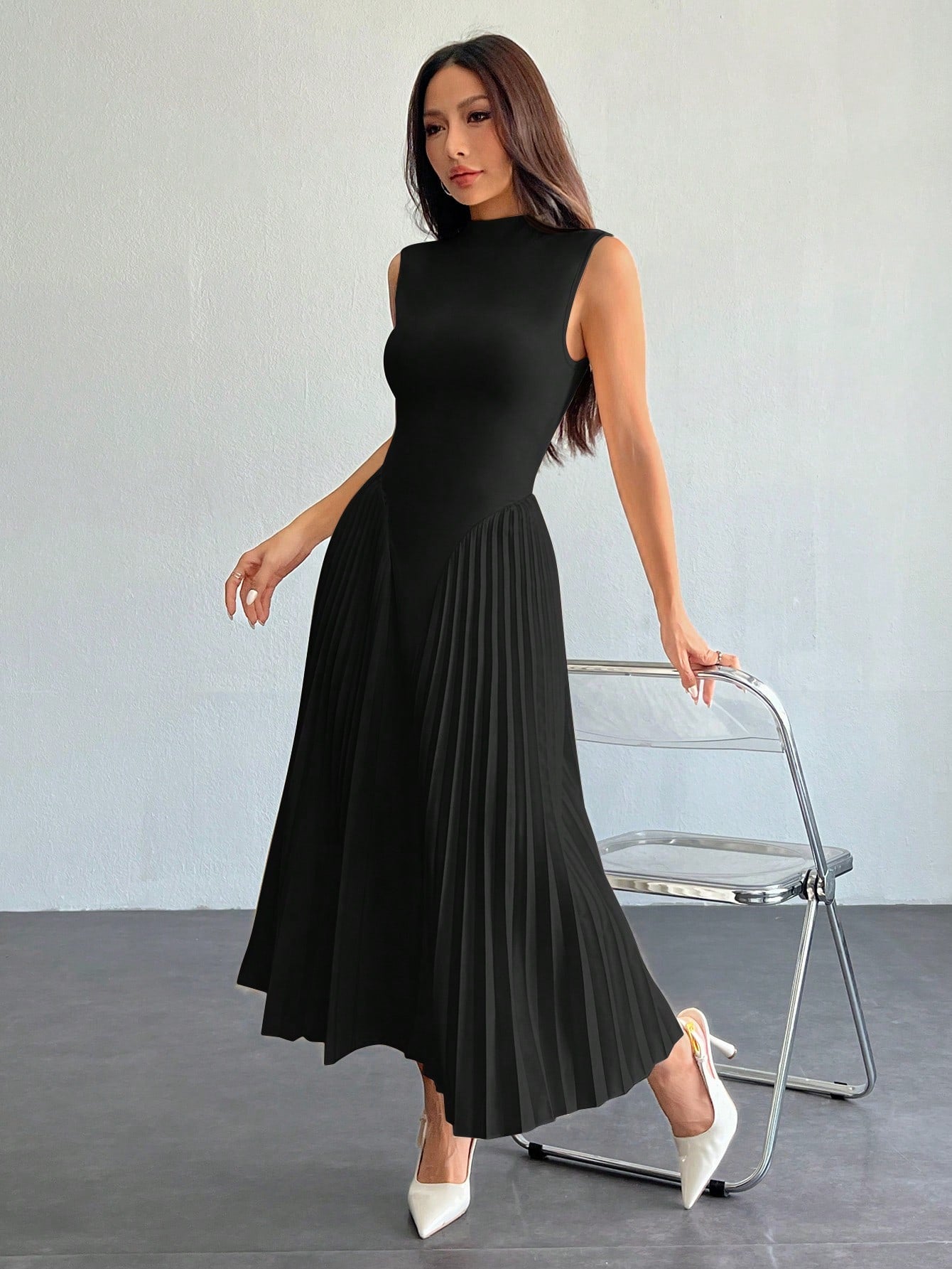 PETITE Women Elegant Pleated Tight-Fitting A-Line Dress Black,Petite Women
