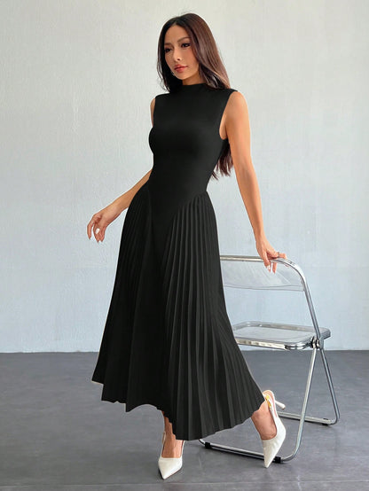 PETITE Women Elegant Pleated Tight-Fitting A-Line Dress Black,Petite Women
