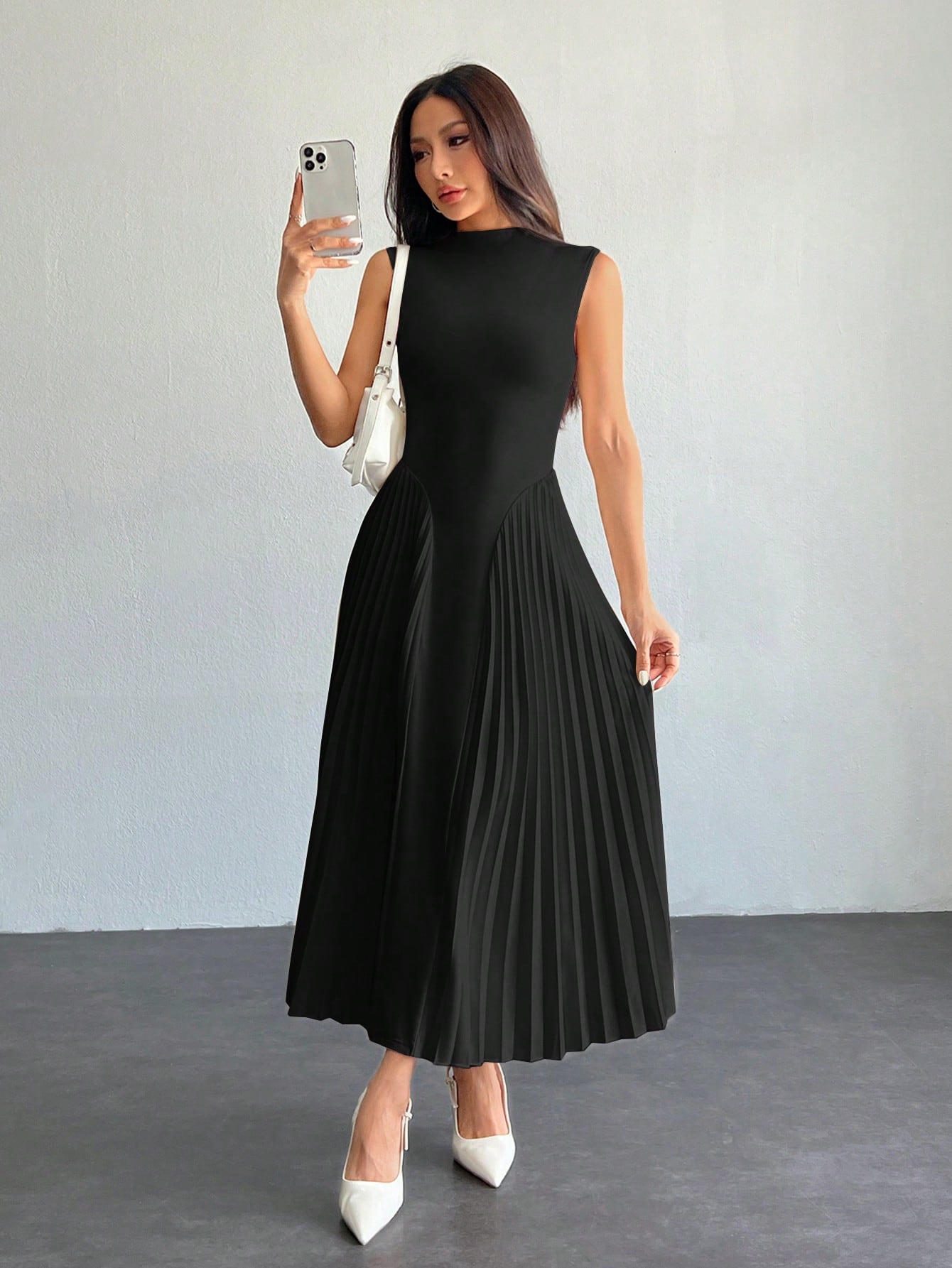 PETITE Women Elegant Pleated Tight-Fitting A-Line Dress Black,Petite Women