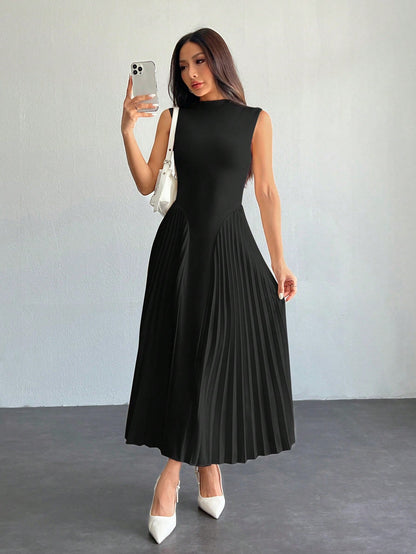 PETITE Women Elegant Pleated Tight-Fitting A-Line Dress Black,Petite Women