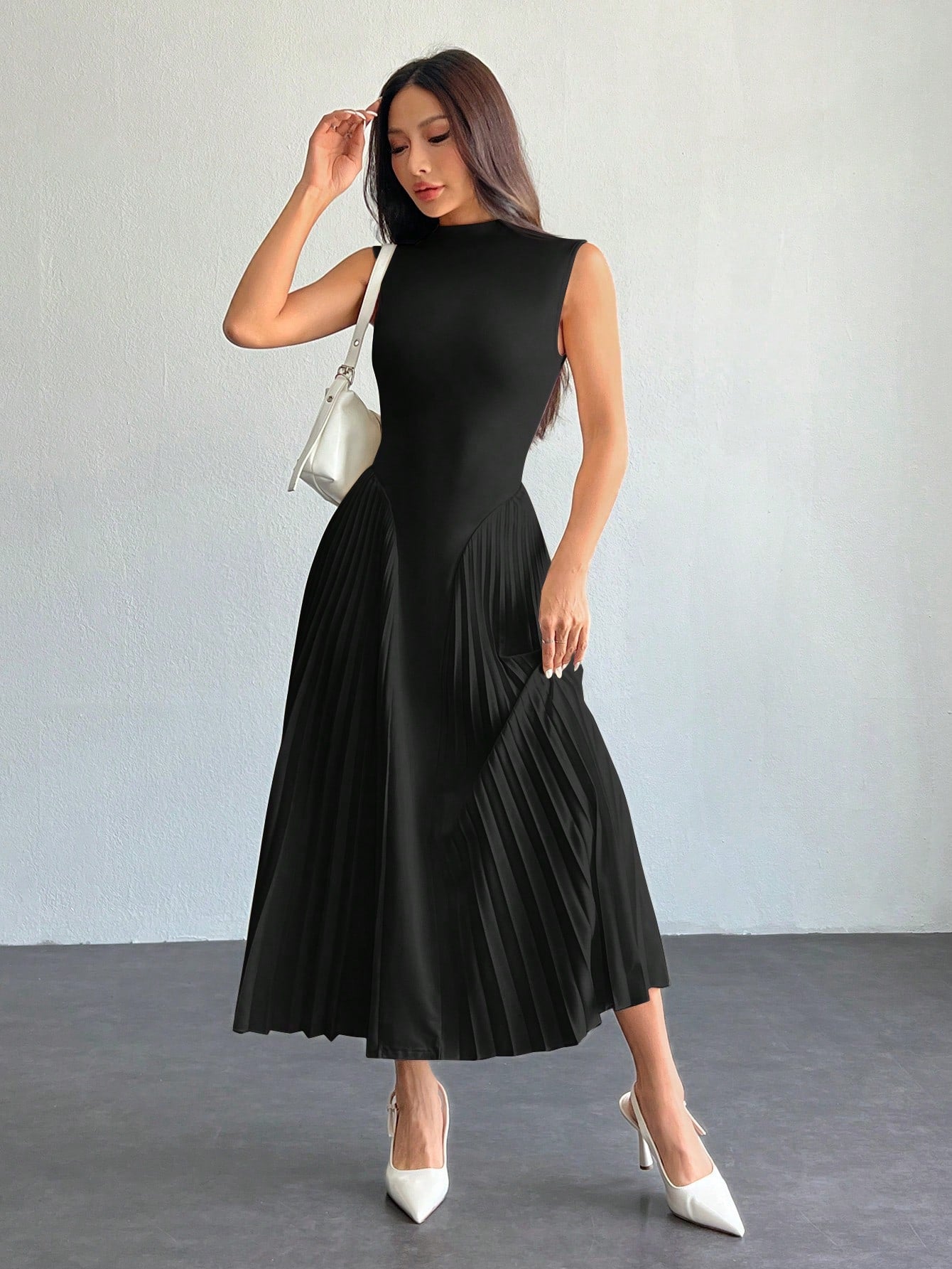 PETITE Women Elegant Pleated Tight-Fitting A-Line Dress Black,Petite Women