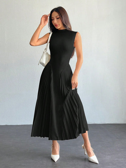 PETITE Women Elegant Pleated Tight-Fitting A-Line Dress Black,Petite Women