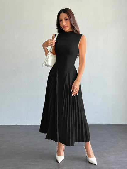 PETITE Women Elegant Pleated Tight-Fitting A-Line Dress Black,Petite Women