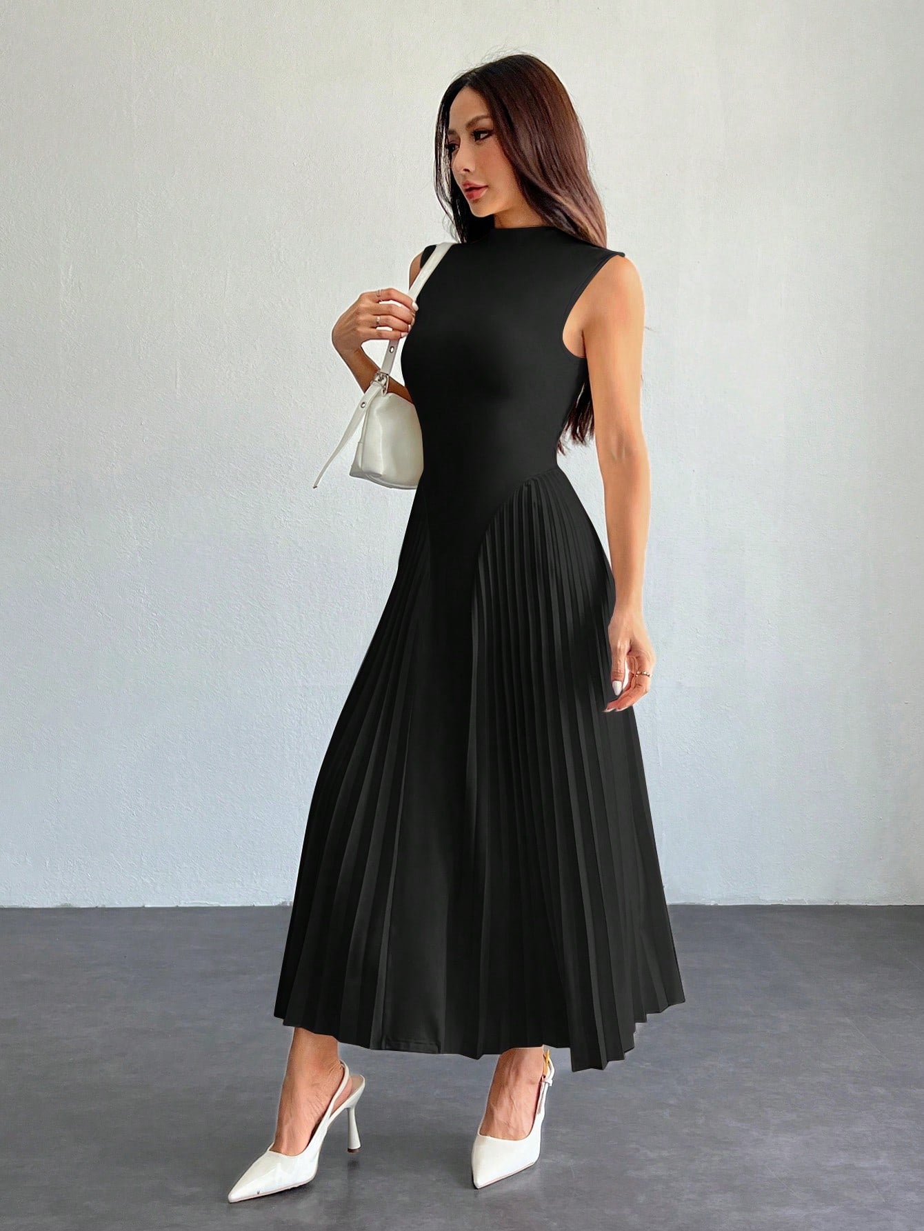 PETITE Women Elegant Pleated Tight-Fitting A-Line Dress Black,Petite Women