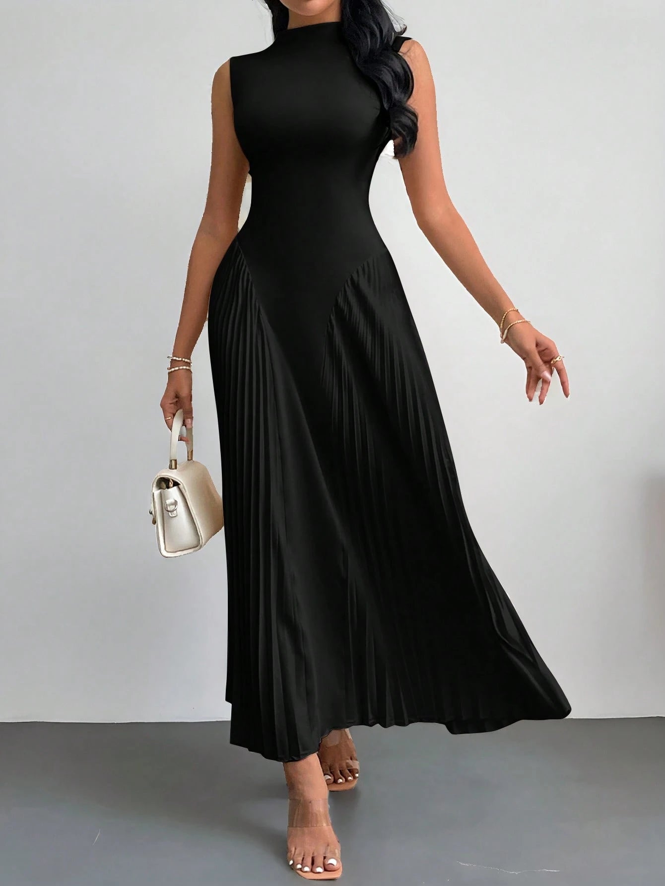 PETITE Women Elegant Pleated Tight-Fitting A-Line Dress Black,Petite Women