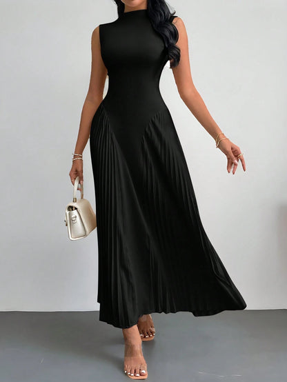 PETITE Women Elegant Pleated Tight-Fitting A-Line Dress Black,Petite Women