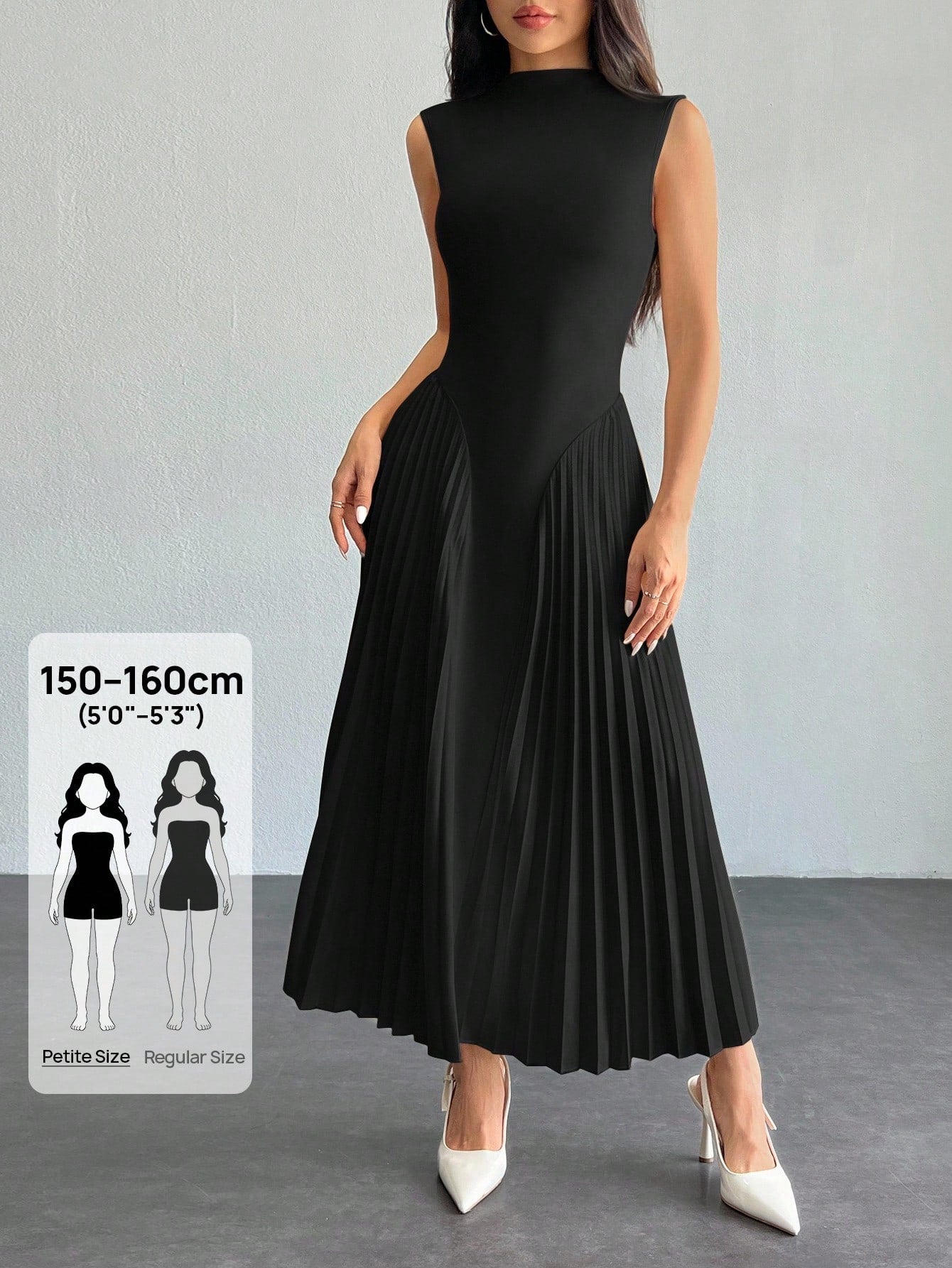 PETITE Women Elegant Pleated Tight-Fitting A-Line Dress Black,Petite Women