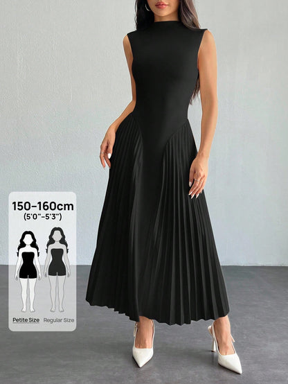 PETITE Women Elegant Pleated Tight-Fitting A-Line Dress Black,Petite Women