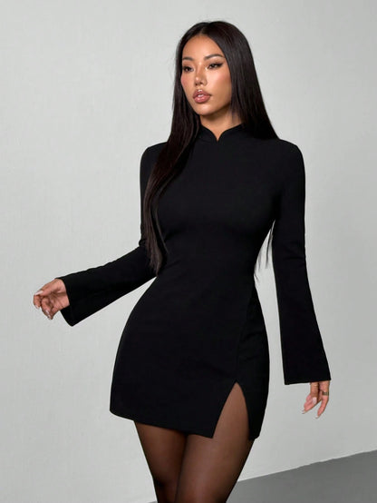 PETITE Women's Black Winter Elegant Seductive Date Night Out Dress,Vintage Stand Collar Flared Cuff Fitted Split Thigh Dress For Valentine's Day Party Outfit,Petite Women